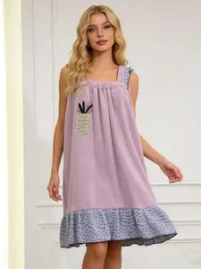 French Vintage Pineapple Embroidered Bathrobe, Polka Dot Ruffle Strap Sleepwear, Cozy Home Dress for Women