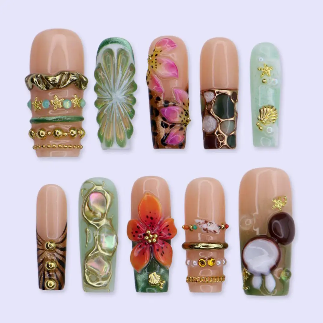 Tropical Luxe Press On Nails With Hibiscus 3D, Citrus Slice & Gold Chrome | Long Square Fake Nails | Handmade Nails Art for Summer