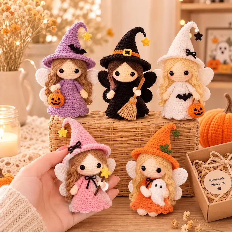 Mini Crochet Witch Doll, Handmade Halloween Amigurumi, Cute Spooky Pocket Doll, Fall Decor, Witch Gift & Party Favor