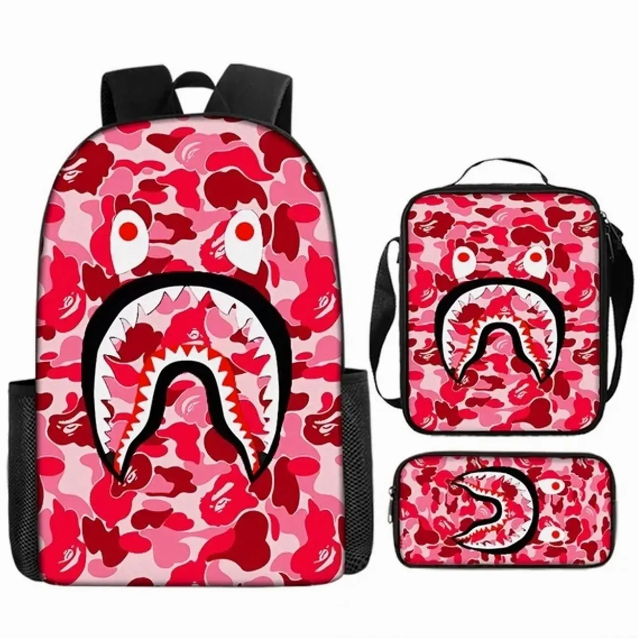 2026 New Camouflage Shark Pattern 3Pcs Backpack Set - Large Capacity Lightweight Student Schoolbag Insulated Lunch Box Pencil Case - Outdoor Sport Gift