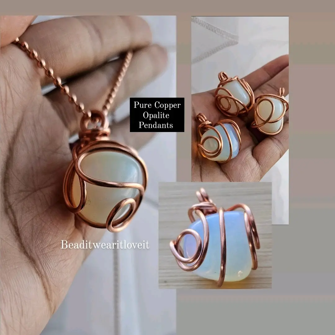 2.4mm Pure Copper Ball Chain Opalite Crystal Pendant Necklaces 24 Inches, Thick 14 Gauge Copper Wire Wrapped Jewelry, - Calming - Purifying - Emotional balance [Made-to-Order]