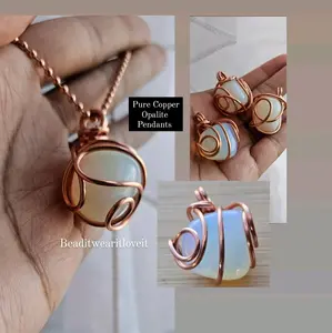 2.4mm Pure Copper Ball Chain Opalite Crystal Pendant Necklaces 24 Inches, Thick 14 Gauge Copper Wire Wrapped Jewelry, - Calming - Purifying - Emotional balance [Made-to-Order]