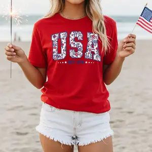 Floral USA 1776 Patriotic Shirt Women, Vintage Fourth of July Tee, Independence Day Outfit, Red White Blue Graphic T-Shirt, Cute America Flag Summer Top