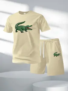 Men’s summer regular-fit cotton short-sleeve T-shirt and cotton shorts set with crocodile print. Fashionable casual outfit for going out, featuring a pocketed athletic elastic-waist drawstring shorts. Suitable for running, golf, fishing, basketball, campi