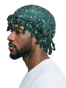 Men's Turban, Unisex Paisley Print Double-layer Turban with Unique Braided Design, Versatile Headwrap for Casual & Outdoor Activities, Black / White, Tassel Design Turban, Scarf Head Wrap, Headscarf