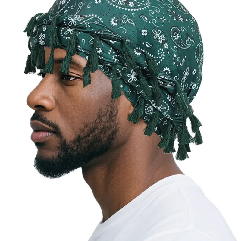 Men's Turban, Unisex Paisley Print Double-layer Turban with Unique Braided Design, Versatile Headwrap for Casual & Outdoor Activities, Black / White, Tassel Design Turban, Scarf Head Wrap, Headscarf, Turban Wraps