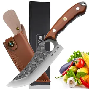 WXCOO Hand Forged Hunting Knife with Leather Sheath High Carbon Steel Full Tang Butcher Boning Knife for Camping Hiking Fishing BBQ Single Blade Outdoor Cleaver for Meat Cutting and Game Processing