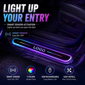 LED Car Door Sill Lights, USB Rechargeable Car Door Sill Protector, Dynamic RGB Moving Ambient Light Welcome Pedal Path Lamps, Universal Custom Logo Decor for Men Women
