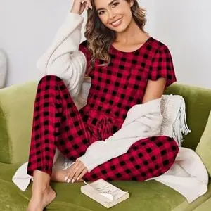 Womens Pajama Sets Short Sleeve with Long Pajama Pant Set Soft Sleepwear Printed Pj Lounge Sets with Pockets