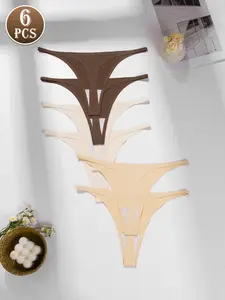 Women's Thong Panties Pack of 6, Comfortable Breathable Versatile Quick-Dry Seamless Invisible Innerwear, Low Waist Smooth Fit