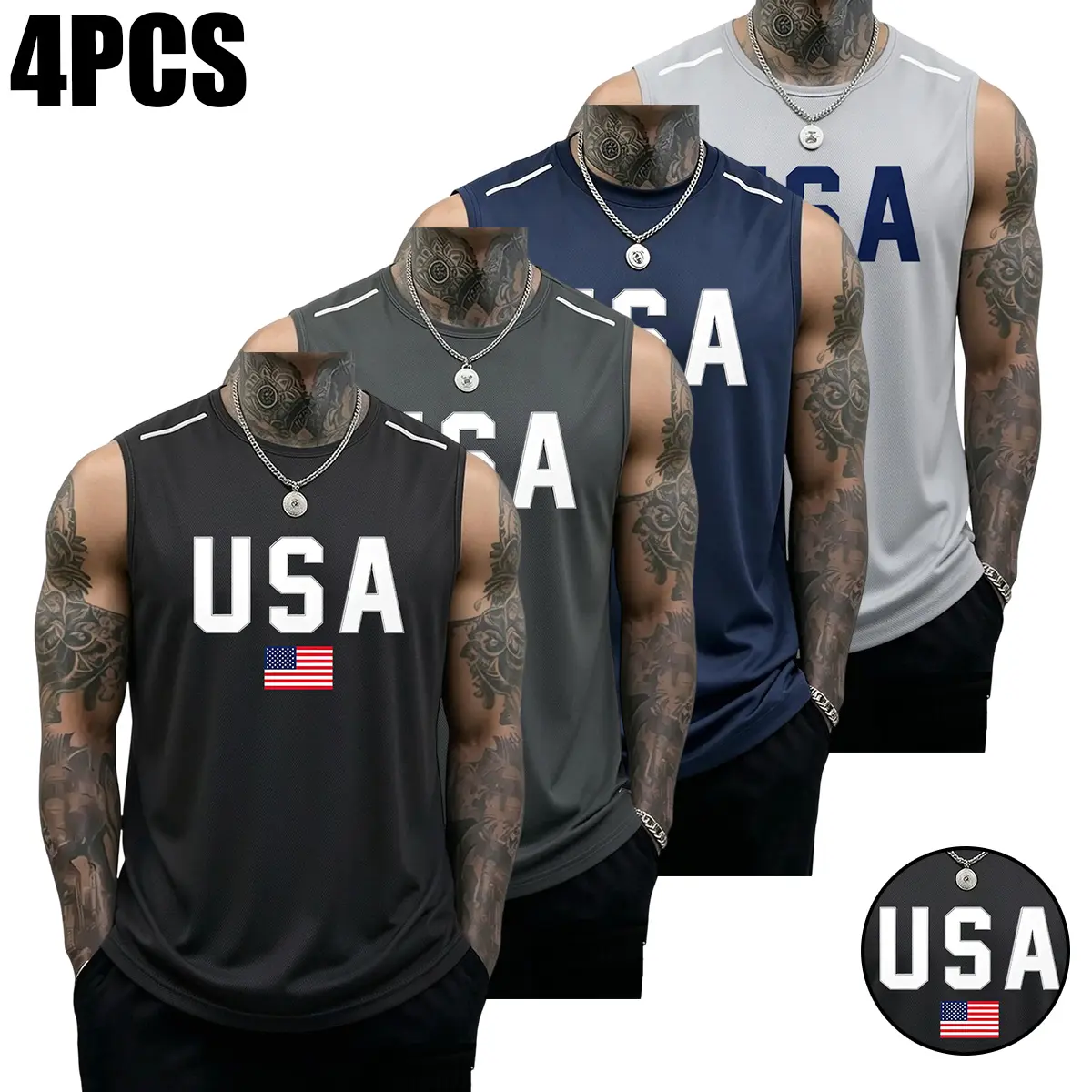 4PCS Men’s Tank Tops, casual soft sleeveless muscle T-shirt, fitness T-shirt, sports tank top, solid color design, creative USA flag print, summer vibe, SummerWins, versatile men’s tank tops, gift for men, men’s running tank tops, everyday men’s tank tops