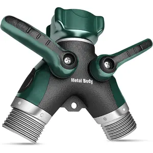 Hose Splitter 2 Way Heavy Duty Outdoor Faucet and Garden Connector - Water Spigot Splitter - Durable All-Metal Y Adapter with Shut-Off Valve - 4 x 4 x 1.5 Inches