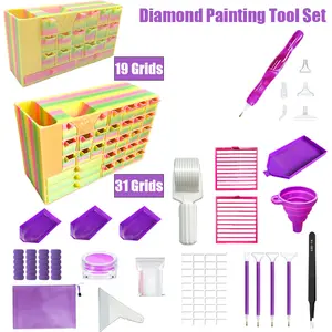 The 2026 new Diamond Painting tool set includes a 19/31-compartment drawer-type diamond storage box, diamond brushes, diamond painting tray, diamond painting roller, tweezers, diamond painting storage box, and a variety of tools