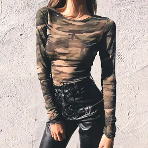 Semi-sheer Mesh Camo Print T-shirt Women's 2025 Summer New Long Sleeve O Neck Short Tops Sexy Casual Elegant Holiday Vacation Outfits for Girls Party Club Dating Crop Tee