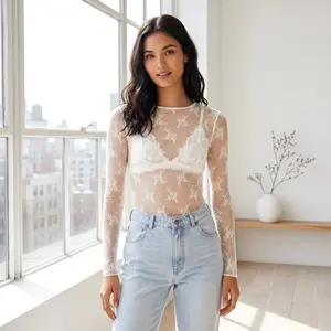 Womens Mesh Tops Lace Spring Long Sleeve Shirts Slim Fitted Outfits See Through Blouses Springfresh Summer Top