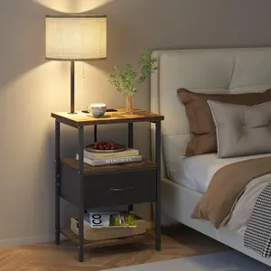 Nightstand with Lights Bedside Table with 3 Color Temperatures Bulb, Night Stand with Charging Station End Table with Adjustable Fabric Drawer for Bedroom Dorm