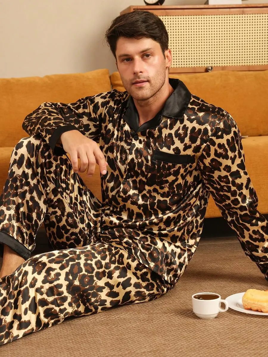 Men's Long Sleeve & Long Pants Pajama Set, Satin Button Cardigan & Leopard Print Loungewear 2-Piece