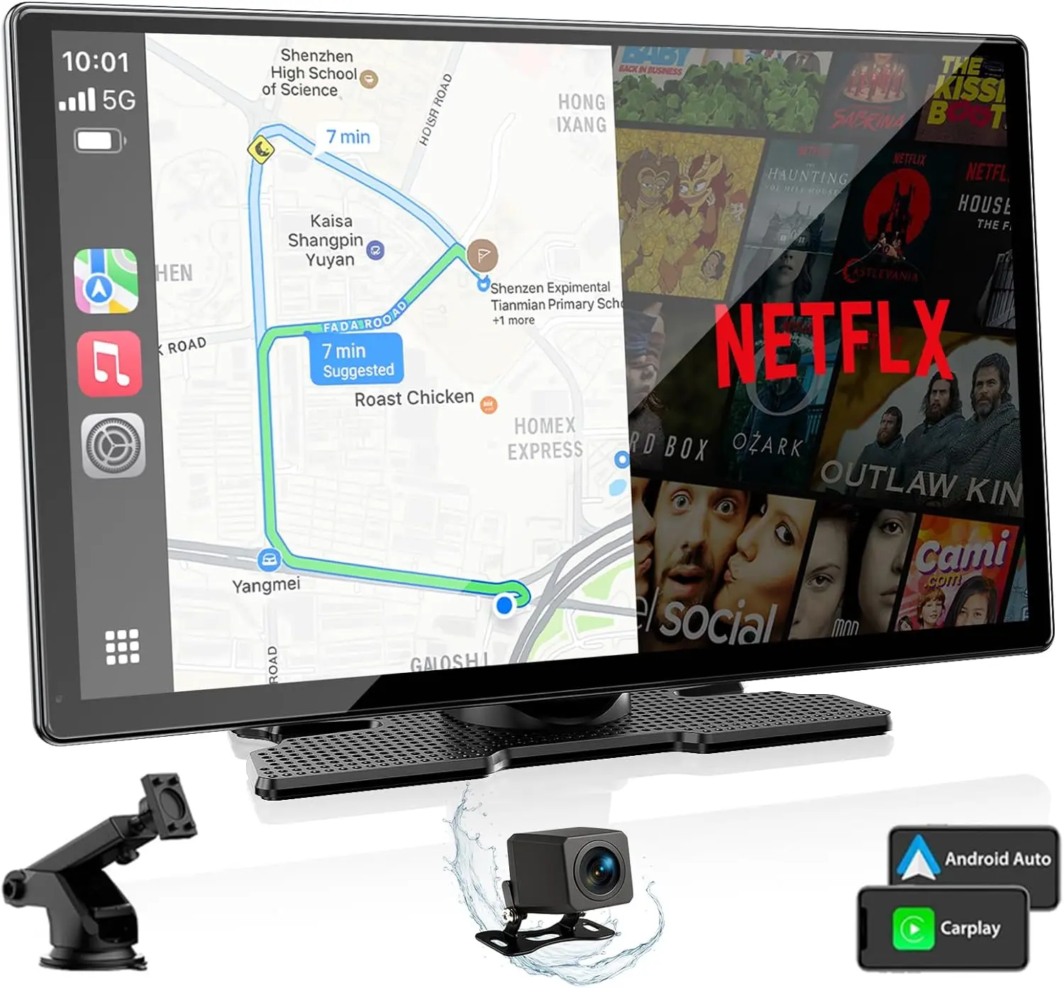 9" Portable Carplay Screen with Netflix YouTube 1080P Backup Camera, Wireless Apple CarPlay Android Auto Screen, AI Magic Video Box Built-in Apps Voice Control GPS Navigation for All Cars