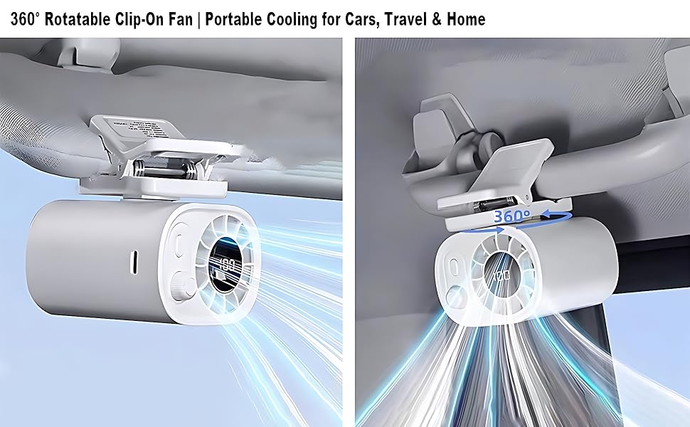 2026 New Car Clip-on Fan with LED Display 100 Speeds 360° Rotation USB Rechargeable Backseat Cooling Fan Portable Design Desktop Clip on ABS PC Material - Plates