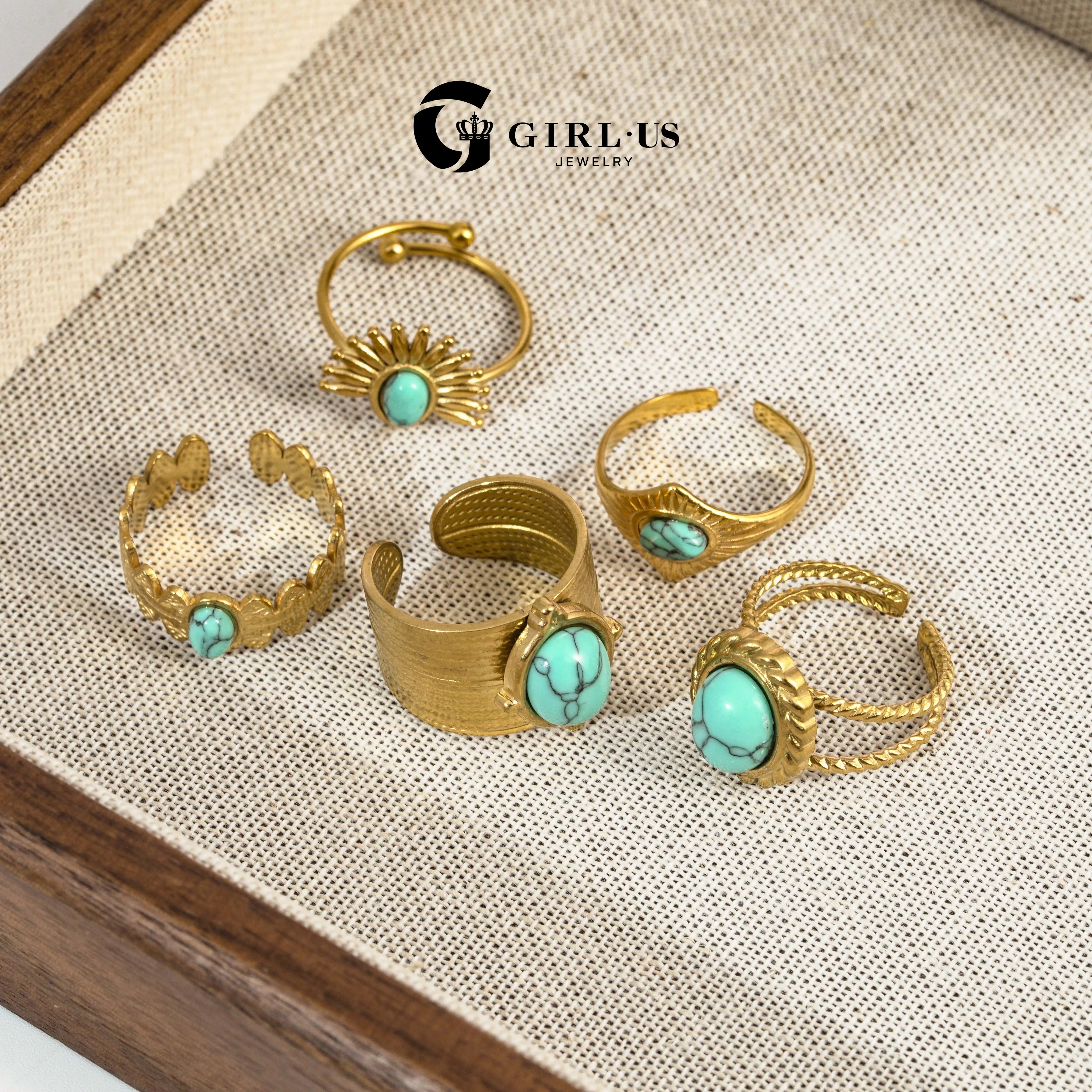 GGIRL 18k Gold-Plated Vintage Bohemian Open-Style Artificial Gemstone Ring for Female Adults - Stackable Fashion Ring with Durability, Ideal for Layering, Parties