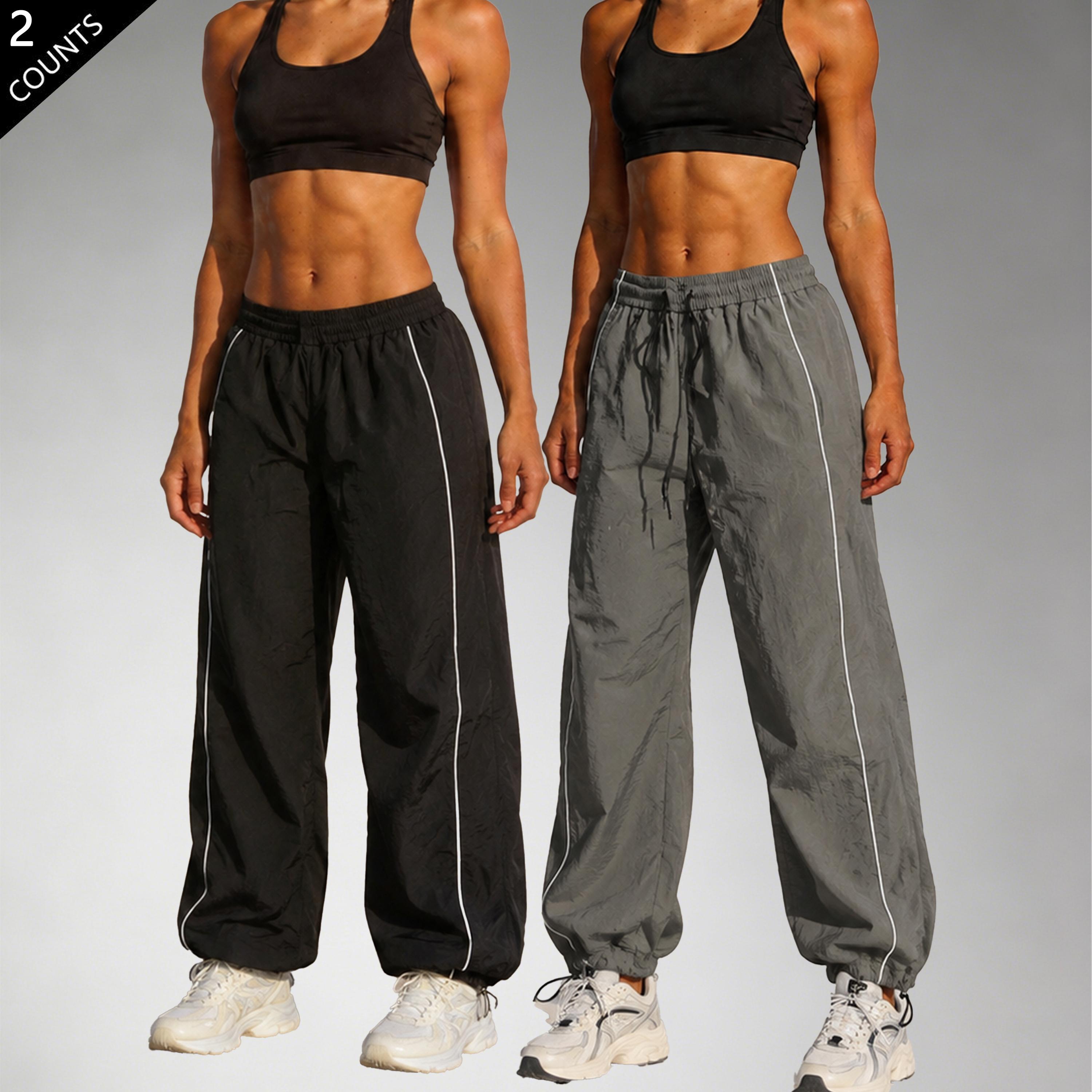 Women’s 2-Pack High-Waisted Parachute Track Pants - Polyester, Side Stripes, Elastic Waist, Drawstring Cuffs, Loose-Fit Windbreaker Joggers, Sporty Chic All-Season Casual Streetwear Athletic Bottoms, Polyester Pants, Casual Wear daily wear pant