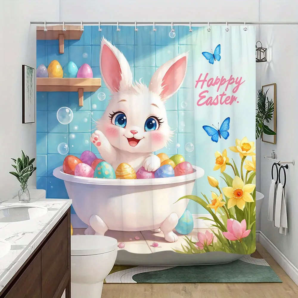 1pc Easter Bunny Shower Curtain - Extra Large Size Bath Decor with Happy Easter Text - MachWashable ine Bathroom Window Curtain for Spring Easter Decorations - Pastel Colors Bathroom Decorations, Playful Festive Design, Easy Install Hooks, Easycare Fabric
