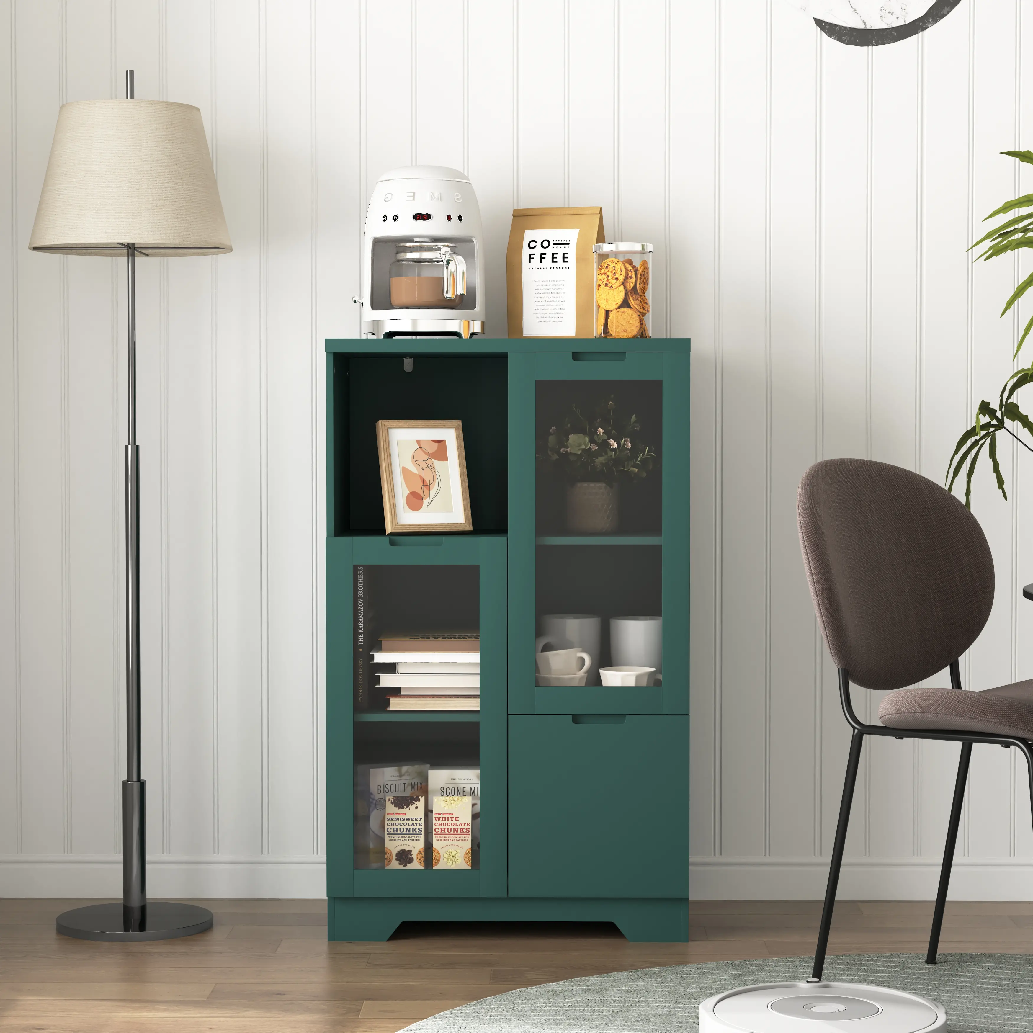Durable Wood MDF Painted Kitchen Cabinet - Glass Doors, Drawers, Adjustable Open Storage, Green, Easy to Assemble and Clean, Wipe Clean - for Dining Room, Bedroom, Classic Modern Home Improvement Fixture
