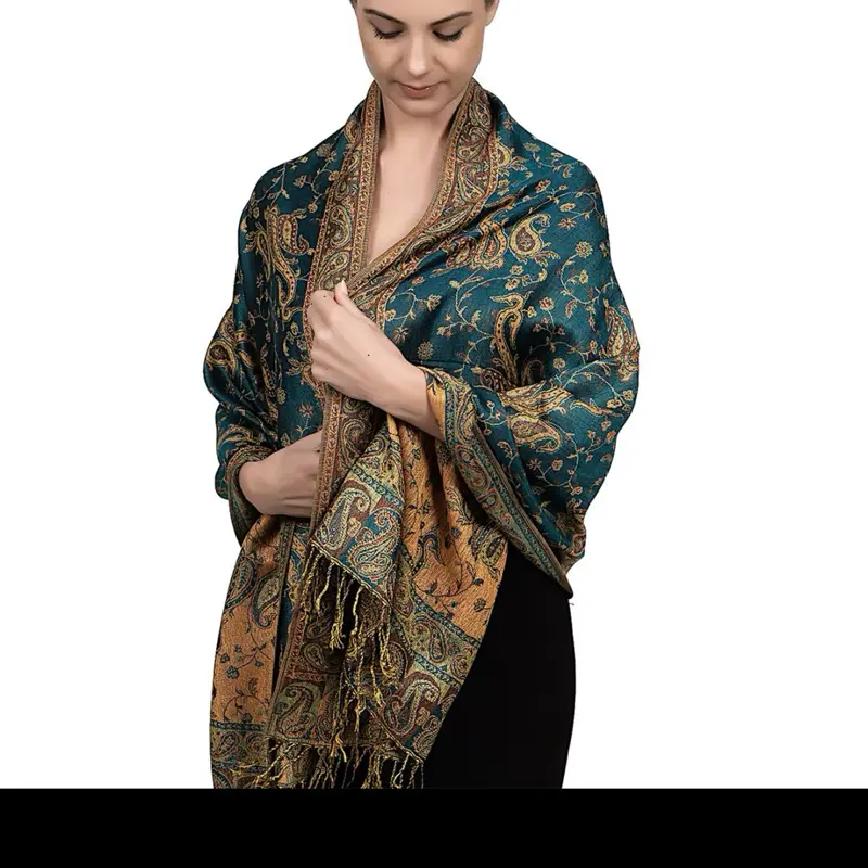 Ethnic Style High Quality Jacquard Paisley Patterned Lightweight Scarves Pashmina Long Scarf Shawl Wrap with Tassels for Women in Red Black Peacock Dark Green Black White Colors