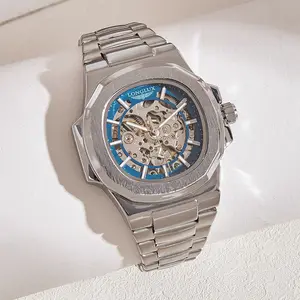LONGILUX Men's Automatic Mechanical Watch Luxury Waterproof Skeleton Business Stainless Steel Gift Watch