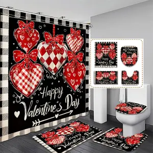 Valentine's Day Heart Decor Set, Polka Dot Plaid Love Texture, Bath Curtain Shower Curtain Toilet Cover Mat Hooks, Bathroom Shower Equipment