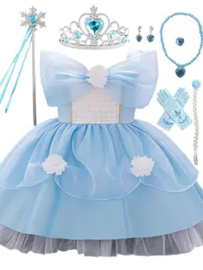 Baby Girl's Floral Appliques Tulle Formal Party Dress with All Accessories, Elegant Cute Dress Set for Birthday Party Evening Party Performance Wedding Baptism, Kids Clothes for All Seasons, Toddler Outfit