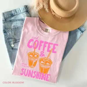 Comfort Colors Iced Coffee and Sunshine Vintage T-Shirt, Summer Vibes Coffee Lover Graphic Tee, Cute Retro Drink Shirt, Casual Cotton Relaxed Fit Top, Trendy Warm Weather Outfit - ShamCren
