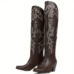 EROCALL Women's Western Cowboy Boots Embroidery Chunky Block Heel Cowgirl Boots Side Zip Pointed Toe Knee High Boots Cowgirl Boots Thigh High Wide Calf Embroidered Western Cowboy Boots