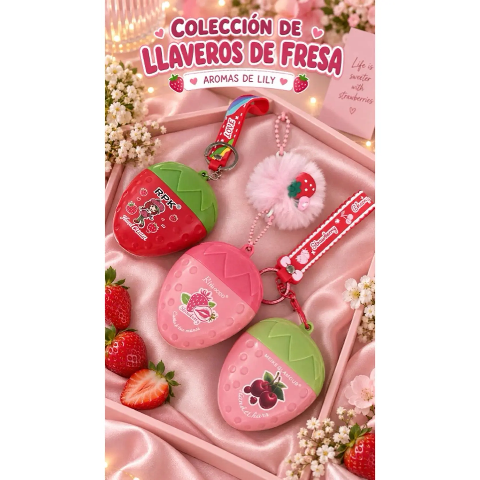 Strawberry Keychains Collection - Adorable Pink & Green Designs with Soft Fur Accessories for Keys & Bags
