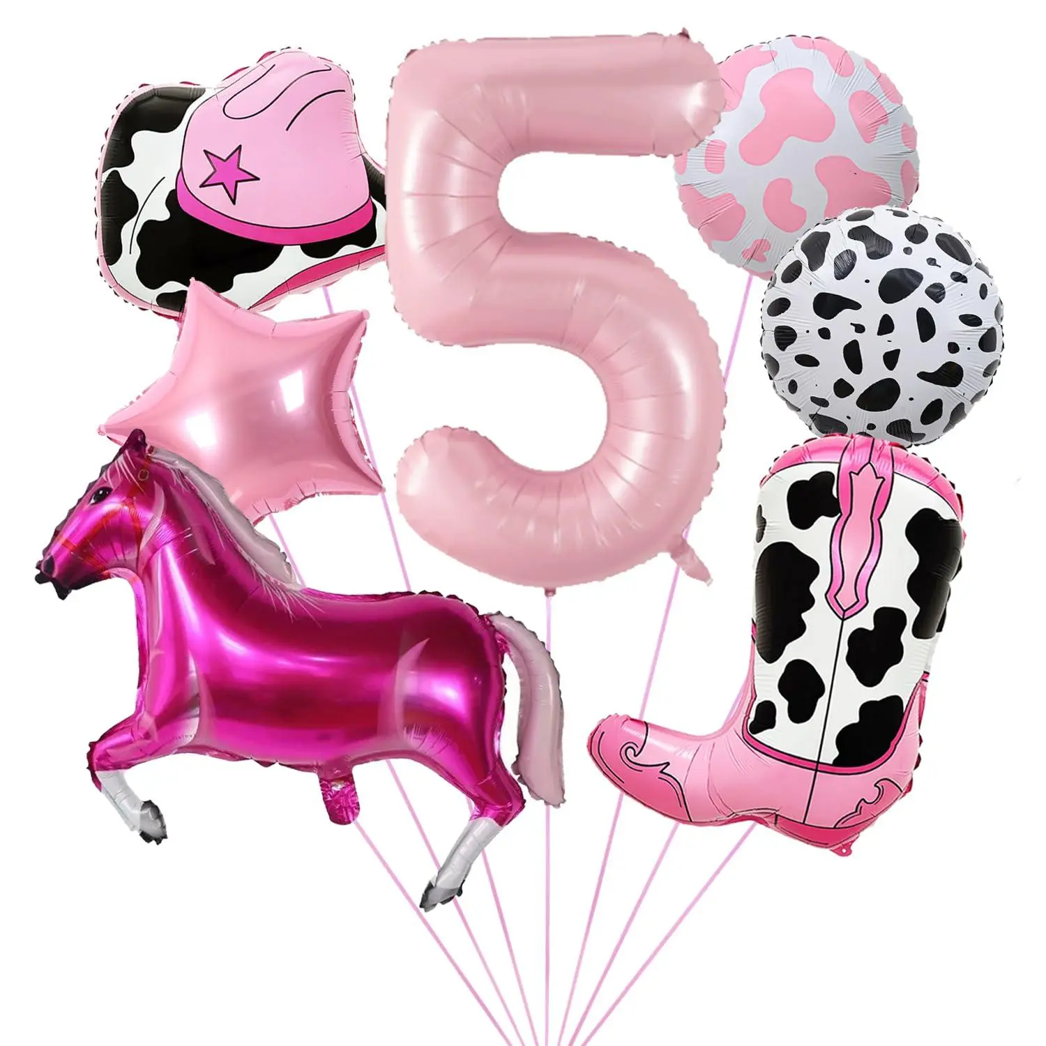 Western Cowgirl 5 Years Old Balloons Pink 5Th Birthday Party Decorations, Retro Horse Girl Hat Boot Cow Print Balloons Rodeo Birthday Party Supplies
