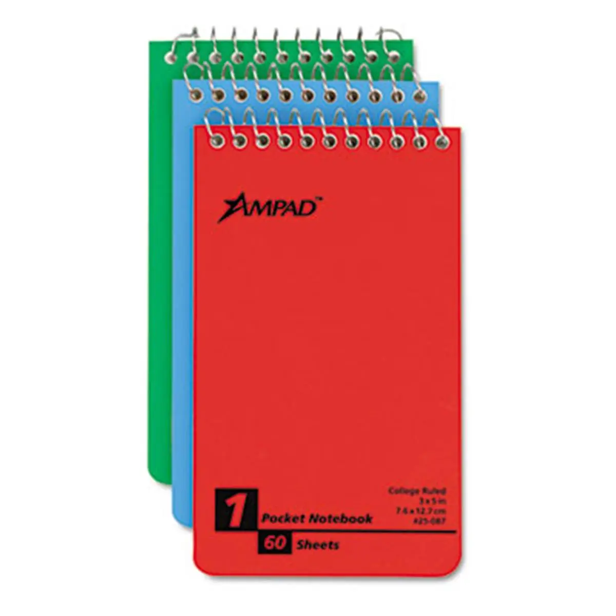 Ampad Wirebound Pocket Memo Book - 3x5 in, 60-Sheet Unperforated Note Taking Notebook, College/Narrow Blue Ruling, Office Stationery Supplies, Purse-Fit, 3-Pk, Ruling Color: Blue