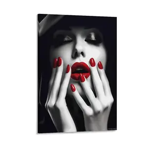Portrait Canvas Wall Art, Woman with Red Lips And Nails, Modern Fashion Aesthetic Painting Print, Stylish Poster for Bedroom And Living Room Decor. Poster Canvas Wall Art For Bedroom Decor Bar Office Room Decor Gift
