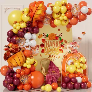 189-Piece Autumn Balloon Wreath Arch Set Fall Decorations Orange, Burgundy, and White Balloons Thanksgiving Use Mini Pumpkins Baby Christening Decor Includes Autumn Maple Leaves