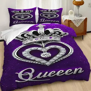 Sparkling Diamond Crown and "Queen" Pattern Duvet Cover Set,Deep Purple, Luxurious Bedding Set,Combining A Queenly Aura and Luxurious Feel. Soft Microfiber Material for Cozy Sleep, 2/3Pcs Includes 1 or 2 Pillowcases, Pillow Inserts Not Included