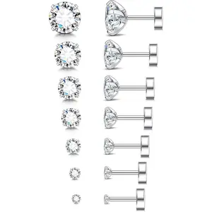 Surgical Stainless Steel Hypoallergenic Flat Back Stud Earrings for Women Men CZ Earrings Piercing Ear Cartilage Silver Tone