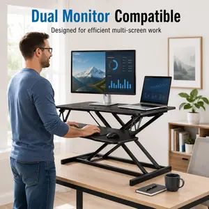 Standing Desk Converter 32 Inch, Height Adjustable Sit-Stand Workstation, Dual Monitor Riser with Wide Keyboard Tray - Office & Home Use, Black (Black) summergarden