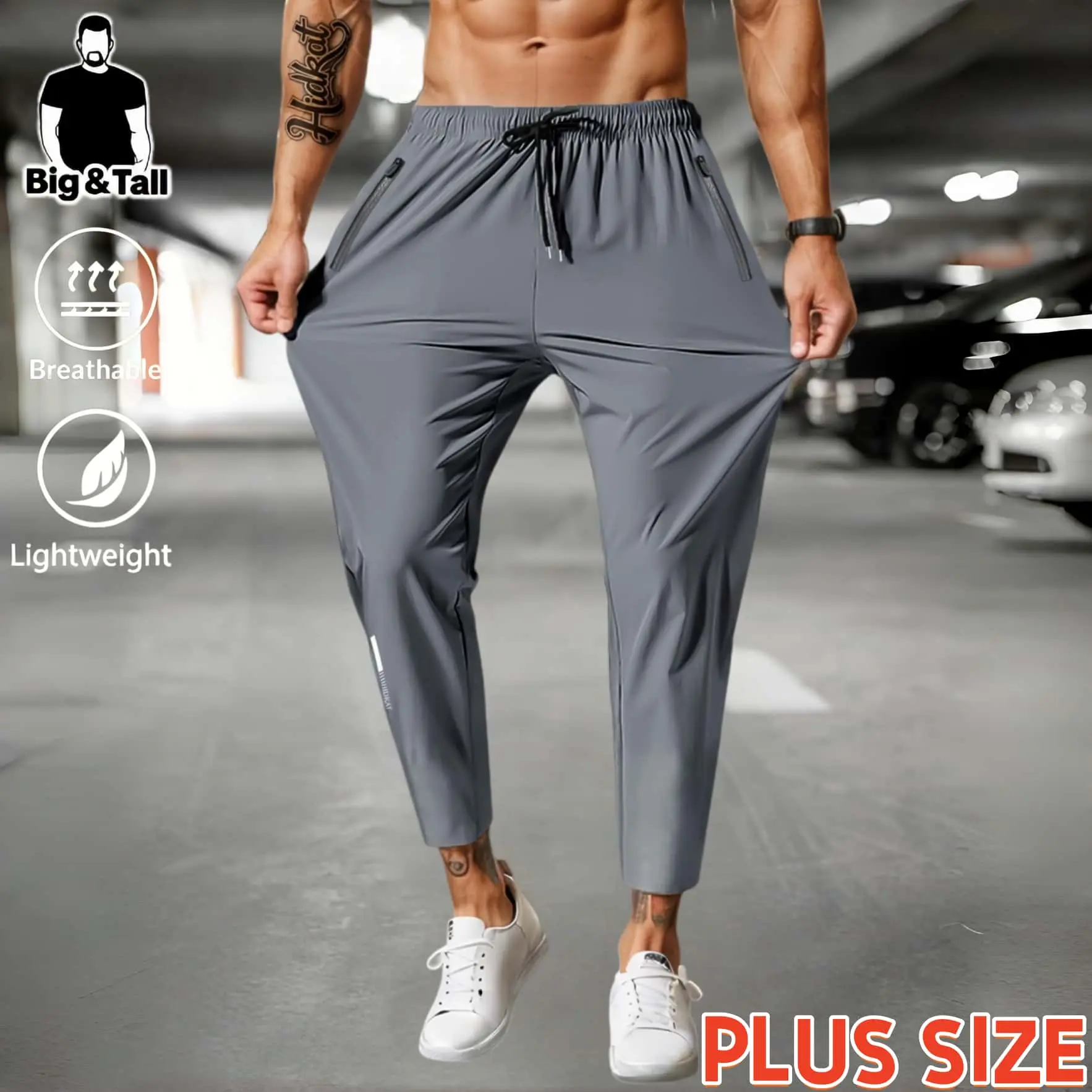 Big & Tall Plus Size Men’s Lightweight Quick Dry Ankle Jogger Pants, 4-Way Stretch Breathable Cropped Athletic Trousers, Drawstring Elastic Waist Zip Pocket Workout Pants for Running, Hiking, Daily Casual Summer Outdoor Wear