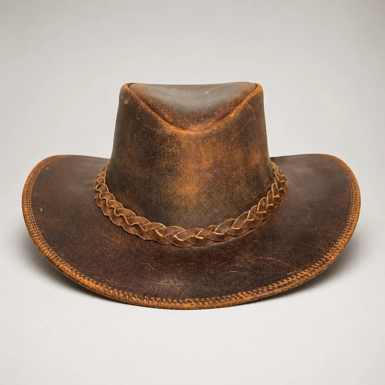 Vintage Gunner Leather Cowboy Hat for Men & Women – Handmade Western Outback Hat with Braided Band, Shapeable Brim