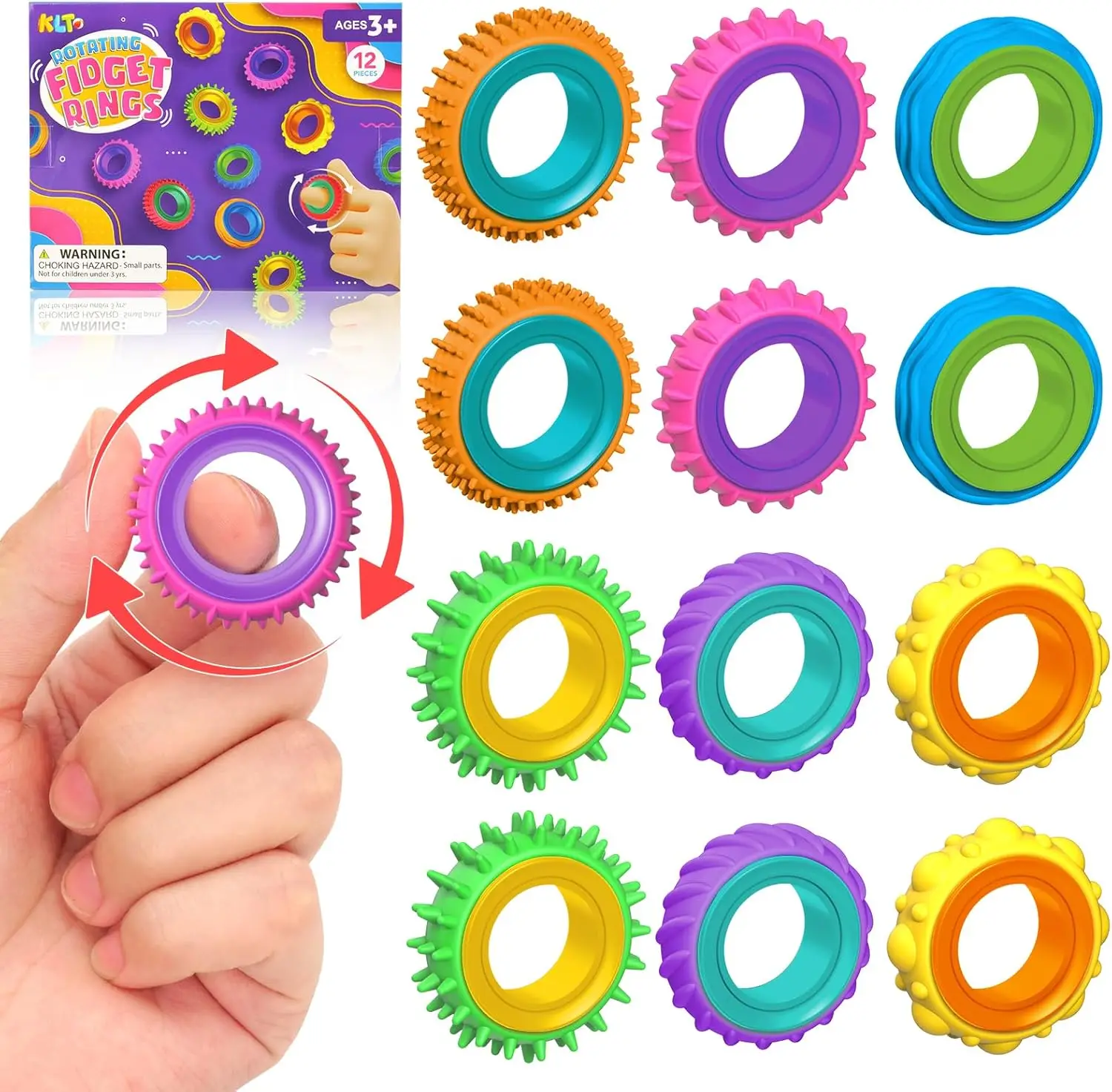 Lesong Sensory Soothing Portable Toy Ring Set - 12-Piece Collection of Soft -Relieving Finger Spinners for Autism ADHD Kids & Adults Safe Calming Toys