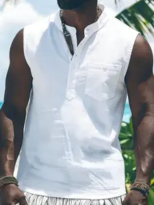 Men's Stand Collar Sleeveless Linen Shirt, Breathable Cotton-Linen Loose Fit, European Style Beach Vacation Casual Top