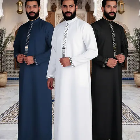 Men’s Modern Thobe, Embroidered Traditional Arab Robe, Muslim Jubba for Ramadan, Eid & Everyday Wear