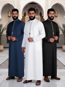 Men’s Modest Muslim Thobe, Lightweight Breathable Embroidery Arabic Robe, Long Sleeve Loose Fit Jubba for Daily Wear Ramadan Eid