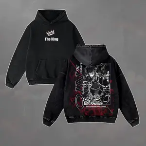 "The King" Qin Shi Huang Dark Graphic Tee Hoodie - Record of Ragnarok Anime T-Shirt - Vintage Acid Wash Black Streetwear - Cotton Heavyweight Shirt - King of the Beginning Edition Menswear Long Sleeve