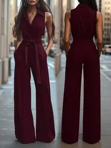 Women's Elegant Minimalist Collared Sleeveless Belted Bow Pocket Wide Leg Jumpsuit, Slim Fitted Plain Long Romper for Work Dating Summer Party Womenswear Elegance Pocketed Jumpsuit Bow Decor Jumpsuit