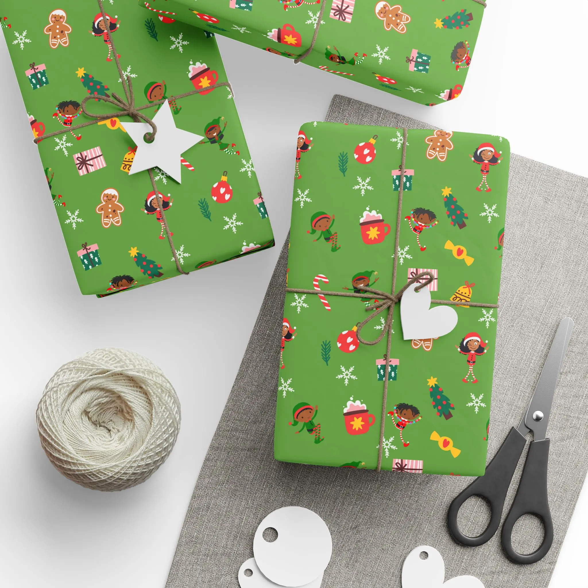 Santa’s Little Helpers Wrapping Paper - Holiday Gift Wrap for African American Families, Cute & Inclusive Designs for Kids, Green